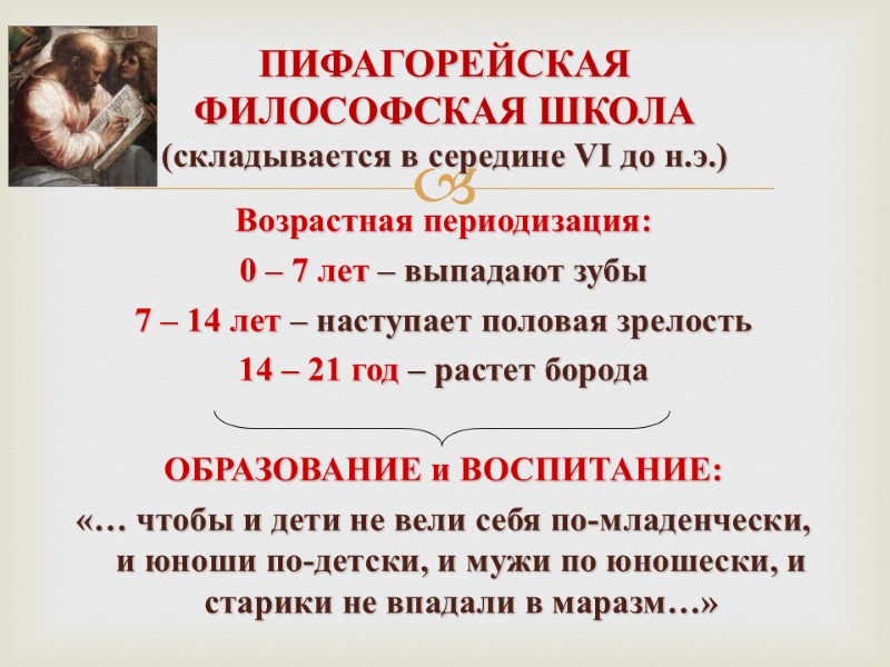 ПИФАГОРЕЙСКАЯ  ФИЛОСОФСКАЯ ШКОЛА (складывается в середине VI до н.э.) Возрастная периодизация: 0 –